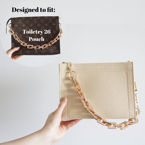 Our Toiletry Pouch 26 Bag Shaper / Organizer is the ultimate accessory for this Louis Vuitton Pouch! It will help to convert the Pouch into a crossbody bag, maintain the shape and prevent keys and pens from marking the bottom. Add a Chunky Gold Chain Strap for the ultimate fashion statement!