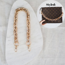 Load image into Gallery viewer, Our Chunky Gold Chain Strap is the perfect accessory to customise your existing bags (eg Louis Vuitton Mini Pochette Accessoires, Pochette Metis, Speedy, Chanel Classic Flap) or convert your favourite SLG into a bag (eg Toiletry 26).