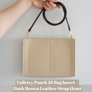 Our Louis Vuitton Toiletry Pouch 26 Bag Shaper / Organizer is the ultimate accessory for this Louis Vuitton Pouch! It will help to convert the Pouch into a crossbody bag, maintain the shape and prevent keys and pens from marking the bottom.  You can add Luxegarde's leather straps to finish the look!