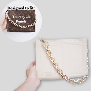 Our Toiletry Pouch 26 Bag Shaper / Organizer is the ultimate accessory for this Louis Vuitton Pouch! It will help to convert the Pouch into a crossbody bag, maintain the shape and prevent keys and pens from marking the bottom. Add a Chunky Oval Gold Chain Strap for the ultimate fashion statement!