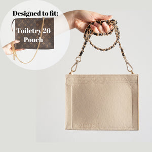 Luxegarde's Toiletry Pouch 26 Bag Shaper / Organizer is the ultimate accessory for this Louis Vuitton Pouch! It will help to convert the Pouch into a crossbody bag, maintain the shape and prevent keys and pens from marking the bottom.  You can add our 24k Gold-Plated Chain or Premium Gold Chain to finish the look!