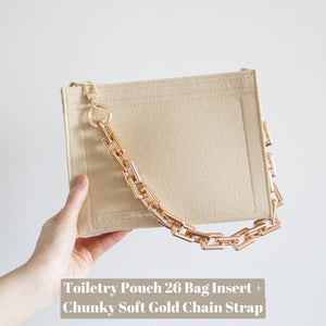 Our Toiletry Pouch 26 Bag Shaper / Organizer is the ultimate accessory for this Louis Vuitton Pouch! It will help to convert the Pouch into a crossbody bag, maintain the shape and prevent keys and pens from marking the bottom. Add a Chunky Gold Chain Strap for the ultimate fashion statement!