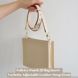 Our Louis Vuitton Toiletry Pouch 26 Bag Shaper / Organizer is the ultimate accessory for this Louis Vuitton Pouch! It will help to convert the Pouch into a crossbody bag, maintain the shape and prevent keys and pens from marking the bottom.  You can add Luxegarde's leather straps to finish the look!
