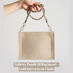 Luxegarde's Toiletry Pouch 26 Bag Shaper / Organizer is the ultimate accessory for this Louis Vuitton Pouch! It will help to convert the Pouch into a crossbody bag, maintain the shape and prevent keys and pens from marking the bottom.  You can add our 24k Gold-Plated Chain or Premium Gold Chain to finish the look!