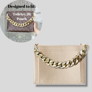 Our Toiletry Pouch 26 Bag Shaper / Organizer is the ultimate accessory for this Louis Vuitton Pouch! It will help to convert the Pouch into a crossbody bag, maintain the shape and prevent keys and pens from marking the bottom. Add a Chunky Gold Chain Strap for the ultimate fashion statement!